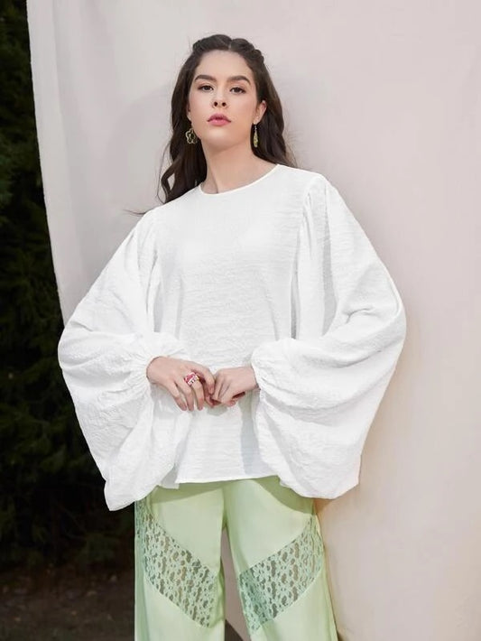 CM-TS422622 Women Trendy Bohemian Style Keyhole Back Lantern Sleeve Top - White