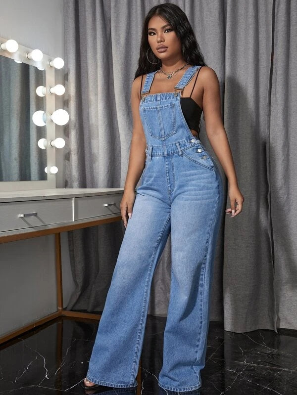 CM-JS232339 Women Preppy Seoul Style Kangaroo Pocket Washed Denim Overalls