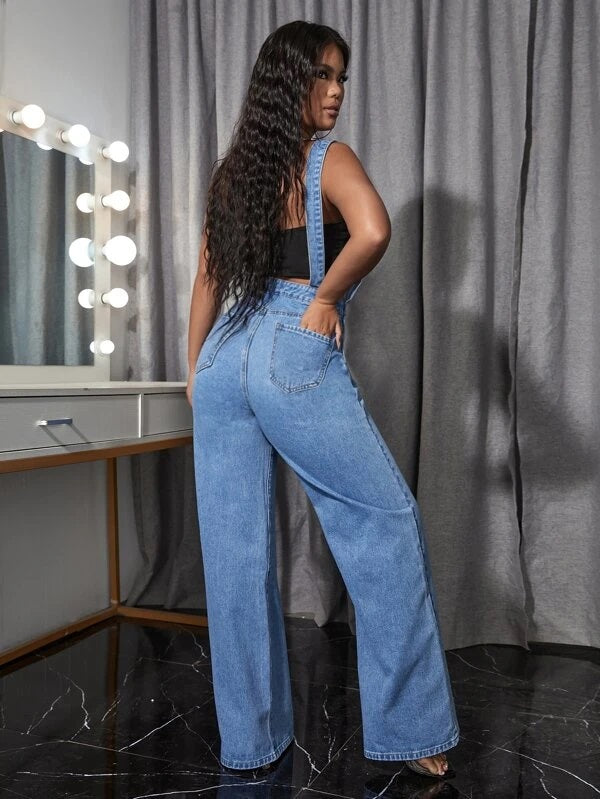 CM-JS232339 Women Preppy Seoul Style Kangaroo Pocket Washed Denim Overalls