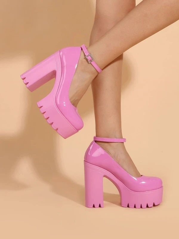 CM-SHS990448 Women Trendy Seoul Style Chunky Heeled Ankle Strap Pumps - Pink