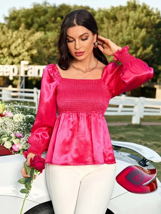 CM-TS234244 Women Elegant Seoul Style Shirred Lantern Sleeve Peplum Blouse - Hot Pink