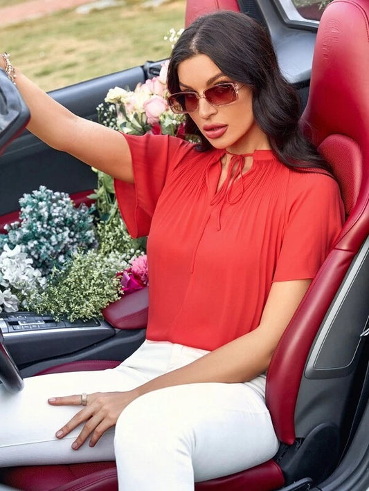 CM-TS949747 Women Casual Seoul Style Raglan Sleeve Tie Neck Blouse - Red