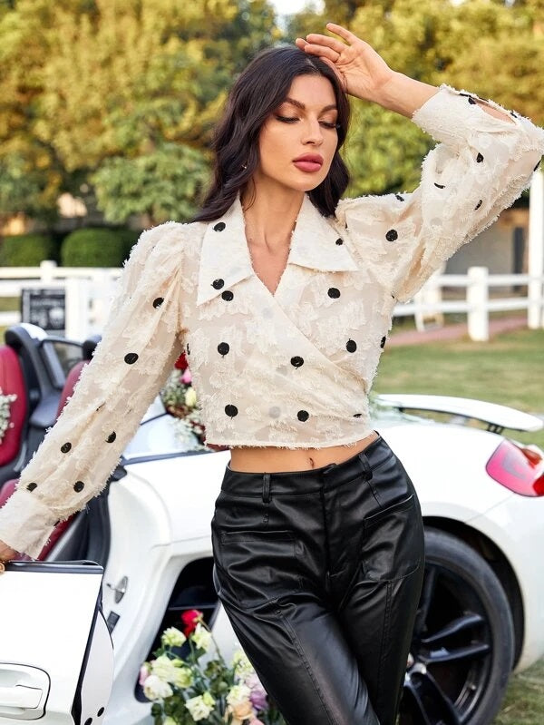 CM-TS637474 Women Elegant Seoul Style Dot Embroidery Puff Sleeve Wrap Knot Crop Blouse