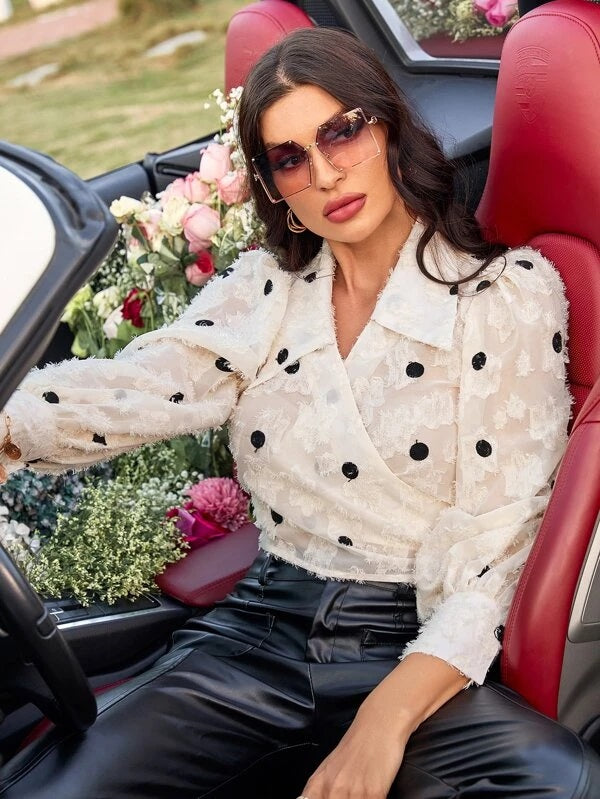 CM-TS637474 Women Elegant Seoul Style Dot Embroidery Puff Sleeve Wrap Knot Crop Blouse