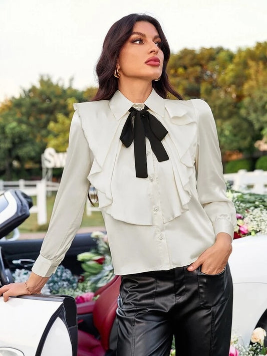 CM-TS182746 Women Elegant Seoul Style Ruffle Trim Puff Sleeve Tie Neck Blouse