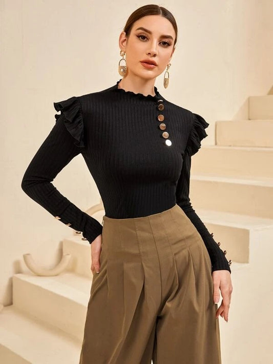 CM-TS722084 Women Casual Seoul Style Ribbed Knit Button Front Ruffle Trim Tee - Black