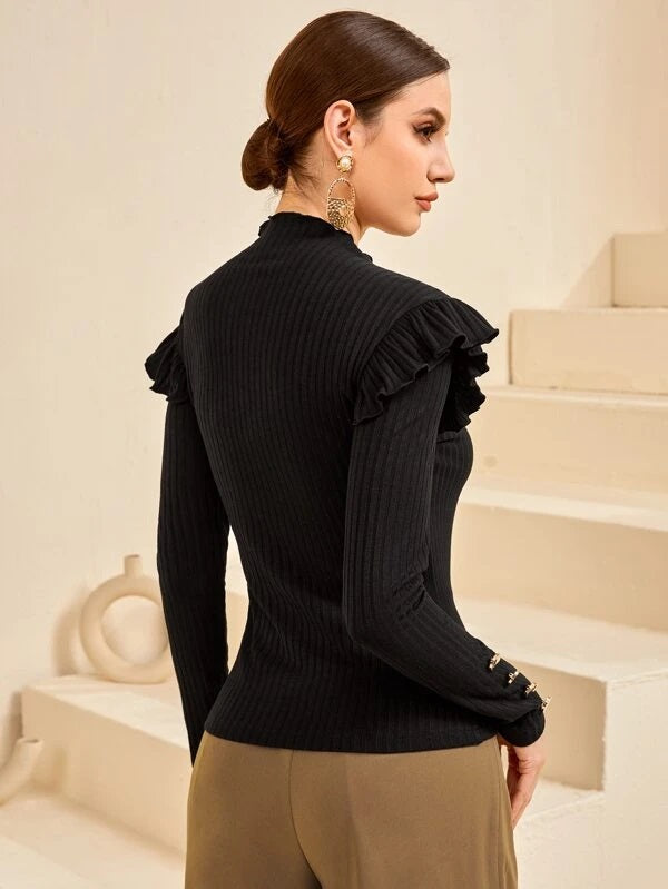 CM-TS722084 Women Casual Seoul Style Ribbed Knit Button Front Ruffle Trim Tee - Black
