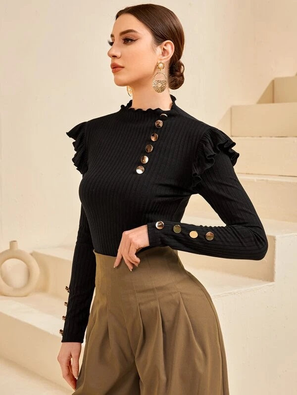 CM-TS722084 Women Casual Seoul Style Ribbed Knit Button Front Ruffle Trim Tee - Black