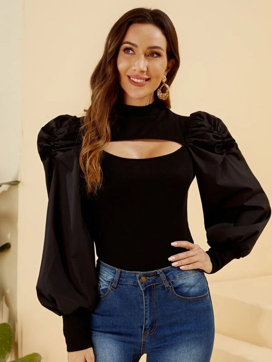 CM-TS371391 Women Casual Seoul Style Ruched Puff Sleeve Cut Out Mock Neck Top - Black