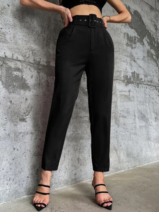 CM-BS661612 Women Elegant Seoul Style High Waist Solid Belted Tapered Pants - Black