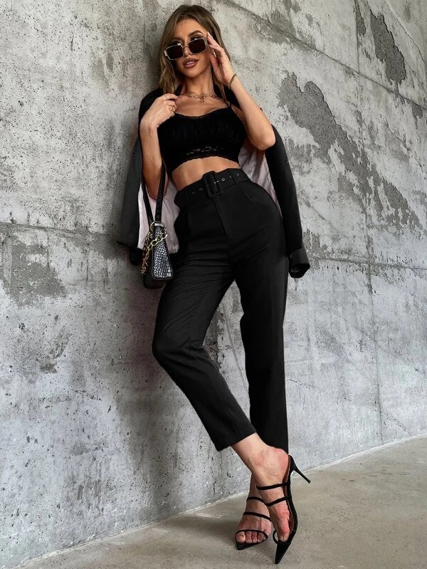 CM-BS661612 Women Elegant Seoul Style High Waist Solid Belted Tapered Pants - Black