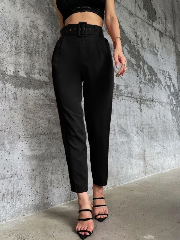 CM-BS661612 Women Elegant Seoul Style High Waist Solid Belted Tapered Pants - Black