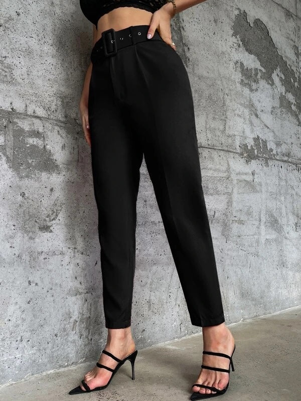 CM-BS661612 Women Elegant Seoul Style High Waist Solid Belted Tapered Pants - Black