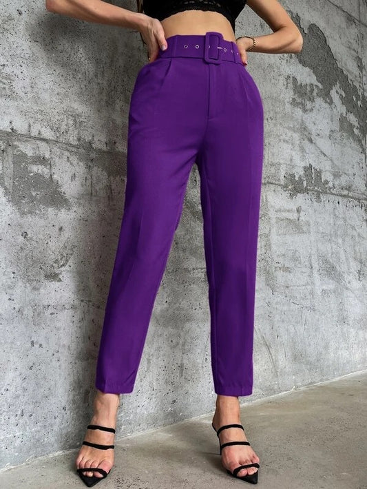 CM-BS930241 Women Elegant Seoul Style High Waist Solid Belted Tapered Pants - Purple