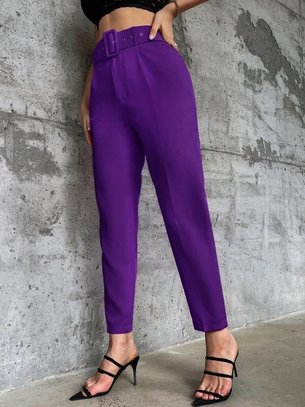 CM-BS930241 Women Elegant Seoul Style High Waist Solid Belted Tapered Pants - Purple