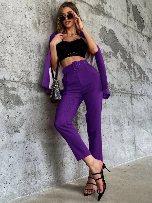 CM-BS930241 Women Elegant Seoul Style High Waist Solid Belted Tapered Pants - Purple