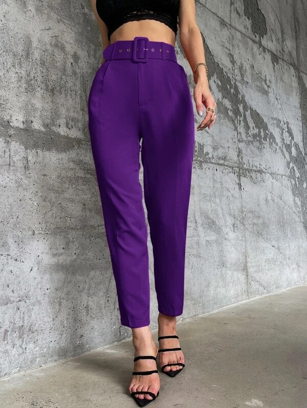 CM-BS930241 Women Elegant Seoul Style High Waist Solid Belted Tapered Pants - Purple