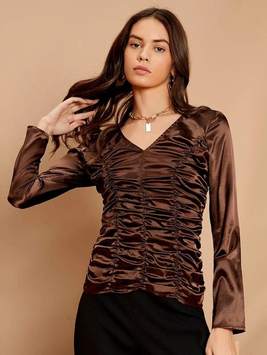 CM-TS725562 Women Elegant Seoul Style V-Neck Long Sleeve Solid Ruched Satin Top