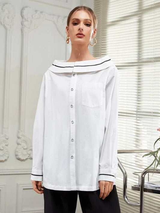 CM-TS142280 Women Casual Seoul Style Fold Collar Striped Print Patched Pocket Split Back Blouse
