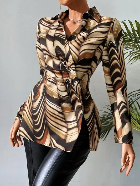 CM-TS542573 Women Elegant Seoul Style Long Sleeve Allover Print Wrap Blouse