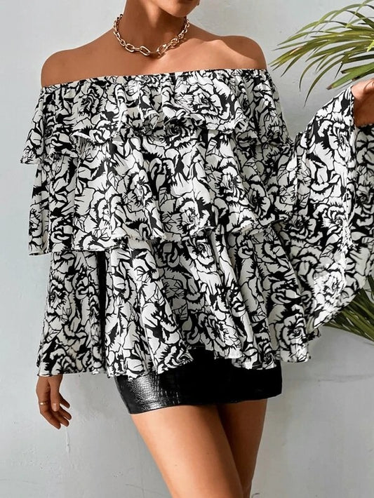 CM-TS181762 Women Trendy Bohemian Style Floral Print Off Shoulder Ruffle Trim Top