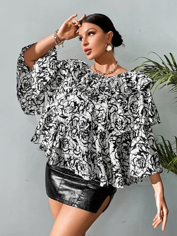 CM-TS181762 Women Trendy Bohemian Style Floral Print Off Shoulder Ruffle Trim Top