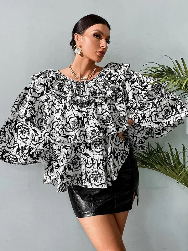 CM-TS181762 Women Trendy Bohemian Style Floral Print Off Shoulder Ruffle Trim Top