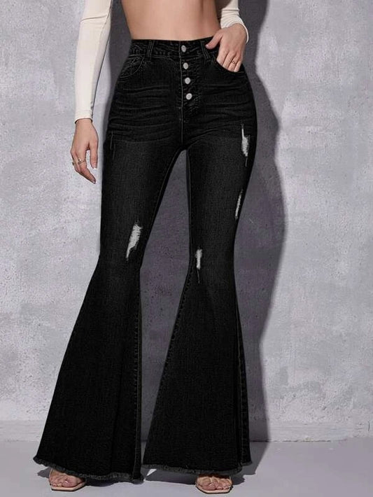 CM-BS293812 Women Casual Seoul Style High Waist Ripped Raw Hem Flare Jeans - Black