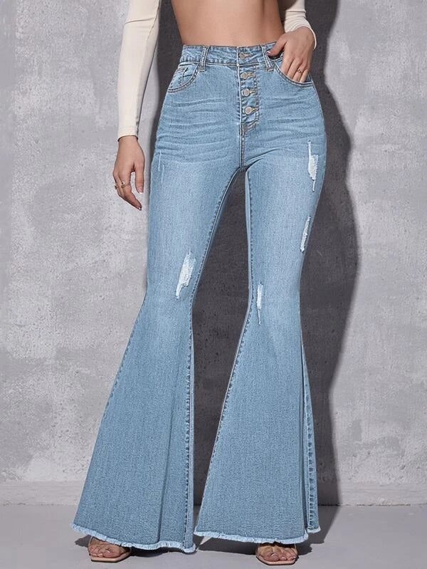 CM-BS153225 Women Casual Seoul Style High Waist Ripped Raw Hem Flare Jeans