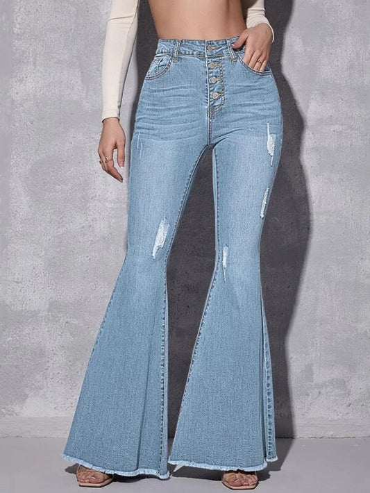 CM-BS153225 Women Casual Seoul Style High Waist Ripped Raw Hem Flare Jeans
