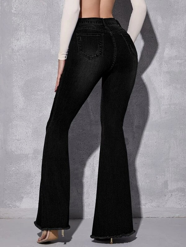 CM-BS293812 Women Casual Seoul Style High Waist Ripped Raw Hem Flare Jeans - Black