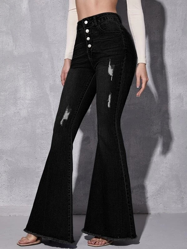 CM-BS293812 Women Casual Seoul Style High Waist Ripped Raw Hem Flare Jeans - Black