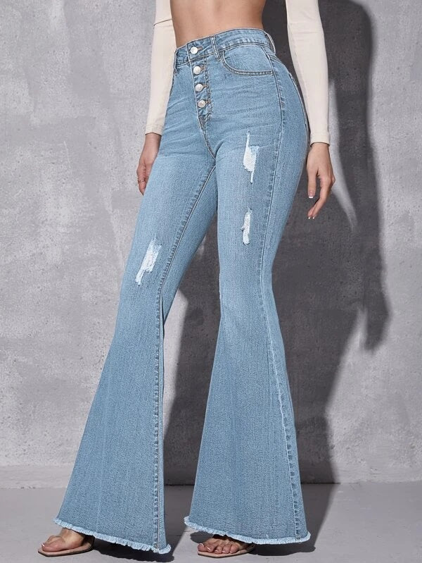 CM-BS153225 Women Casual Seoul Style High Waist Ripped Raw Hem Flare Jeans