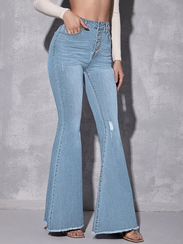CM-BS153225 Women Casual Seoul Style High Waist Ripped Raw Hem Flare Jeans