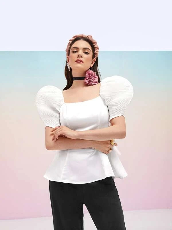CM-TS336720 Women Elegant Seoul Style Puff Sleeve Square Neck Satin Blouse - White