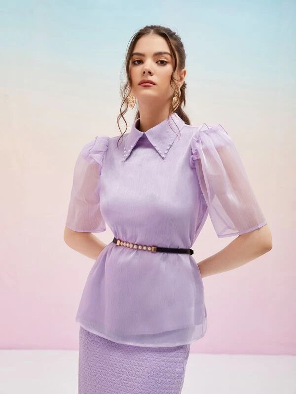 CM-TS994014 Women Elegant Seoul Style Puff Sleeve Pearls Beaded Blouse - Purple