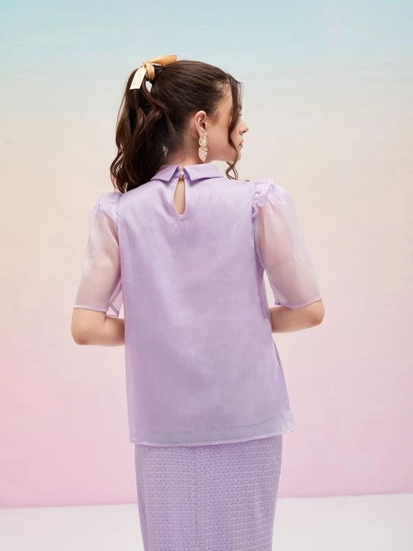 CM-TS994014 Women Elegant Seoul Style Puff Sleeve Pearls Beaded Blouse - Purple