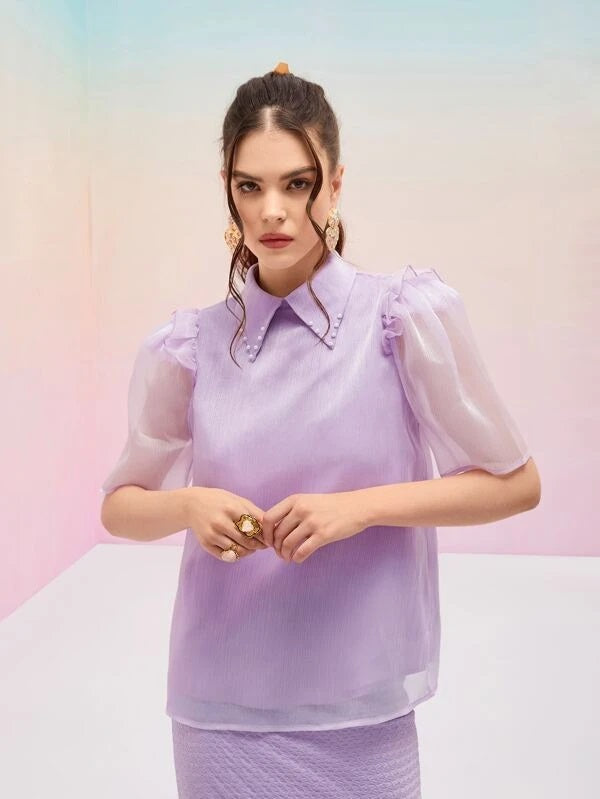 CM-TS994014 Women Elegant Seoul Style Puff Sleeve Pearls Beaded Blouse - Purple