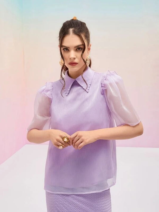CM-TS994014 Women Elegant Seoul Style Puff Sleeve Pearls Beaded Blouse - Purple