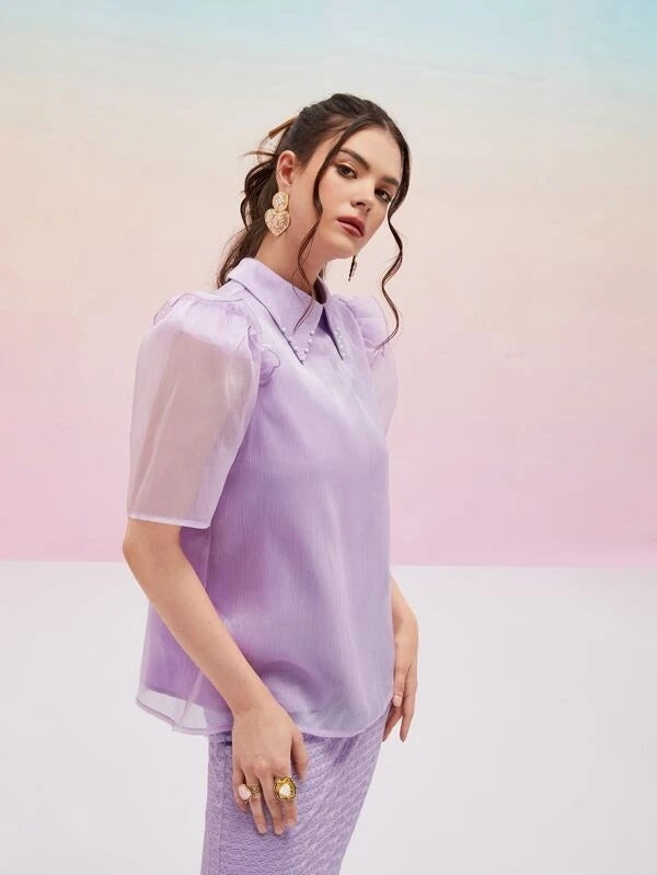 CM-TS994014 Women Elegant Seoul Style Puff Sleeve Pearls Beaded Blouse - Purple