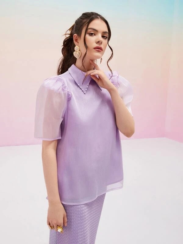 CM-TS994014 Women Elegant Seoul Style Puff Sleeve Pearls Beaded Blouse - Purple