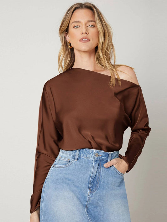 CM-TS251711 Women Elegant Seoul Style Asymmetrical Neck Regular Fit Top - Brown