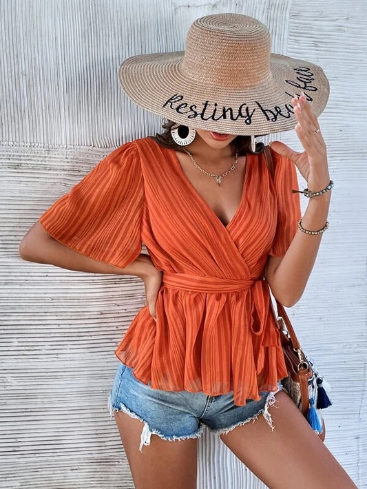 CM-TS398738 Women Casual Seoul Style Surplice Neck Belted Ruffle Hem Top - Burnt Orange