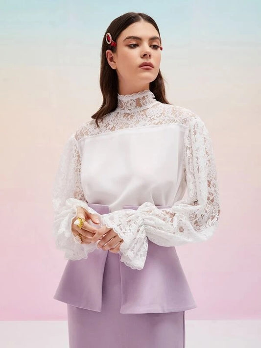 CM-TS842310 Women Elegant Seoul Style Contrast Lace Flounce Sleeve Top - White