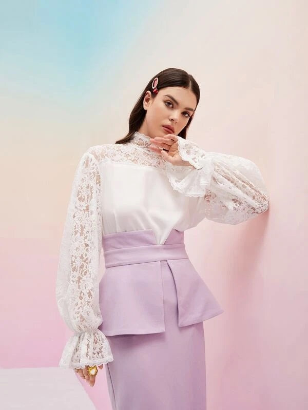 CM-TS842310 Women Elegant Seoul Style Contrast Lace Flounce Sleeve Top - White