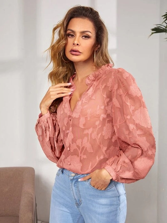 CM-TS812017 Women Casual Seoul Style Ruffle Trim Buttoned Front Appliques Mesh Top - Dusty Pink