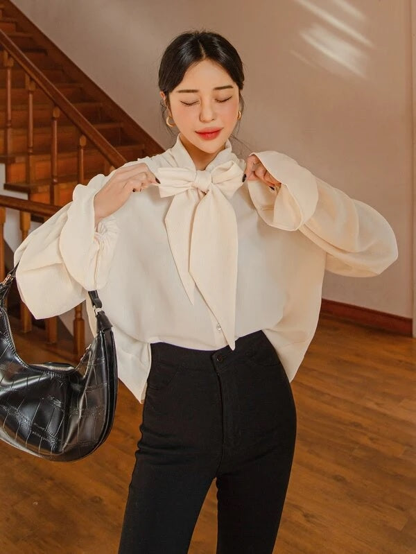 CM-TS292480 Women Casual Seoul Style Tie Neck Flounce Sleeve Blouse - Apricot