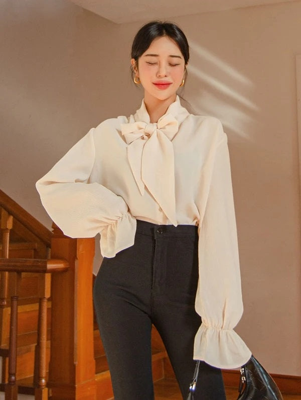 CM-TS292480 Women Casual Seoul Style Tie Neck Flounce Sleeve Blouse - Apricot