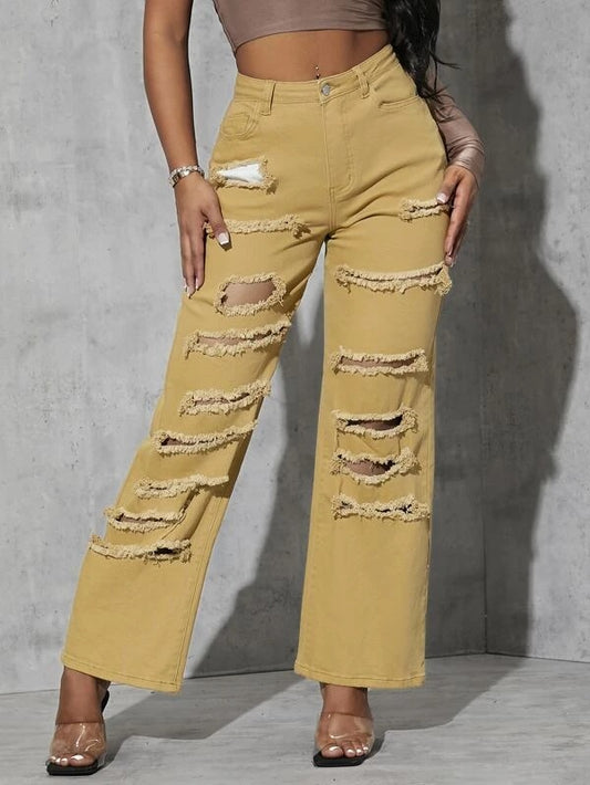 CM-BS529807 Women Casual Seoul Style Zipper Fly Ripped Wide Leg Jeans - Mustard Yellow