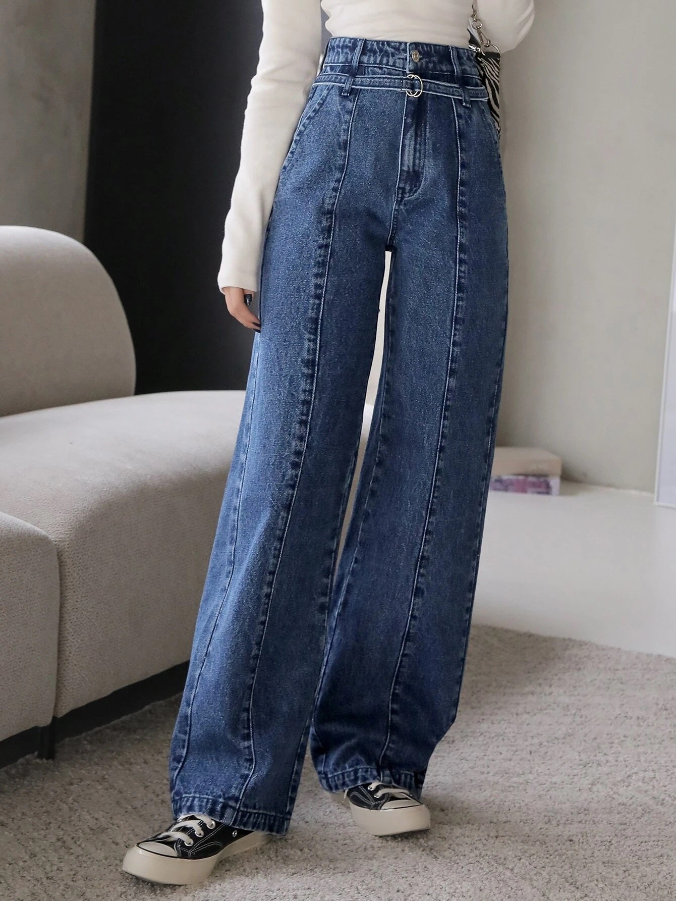 CM-BS988392 Women Casual Seoul Style Dark Wash High Waist Wide Leg Jeans